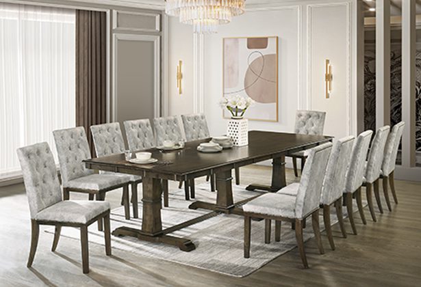 A dining room table with chairs and a rug