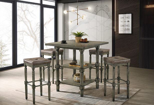 A table with four stools in the middle of it.
