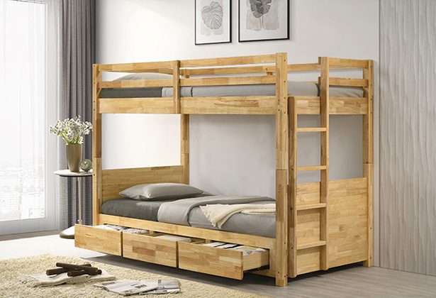 A bunk bed with two drawers and one ladder.