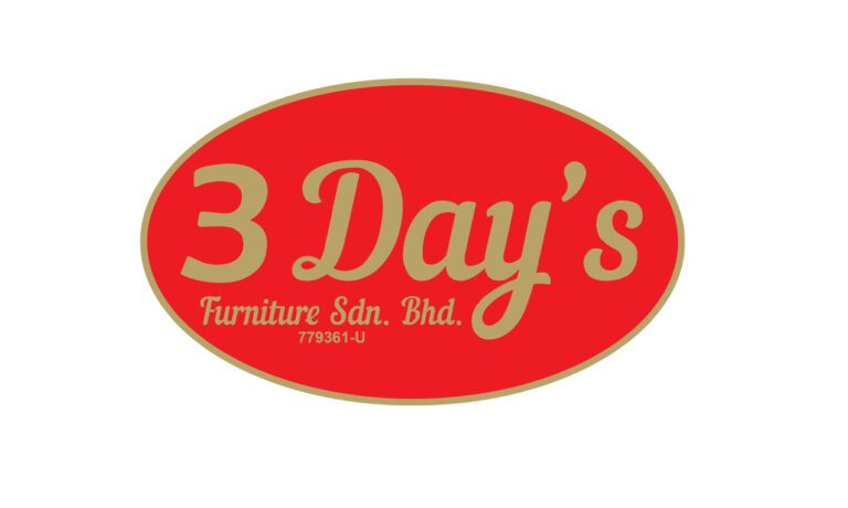 A red oval with gold lettering that says 3 days furniture sdn. Bhd.