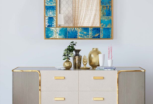 A dresser with some vases and a mirror