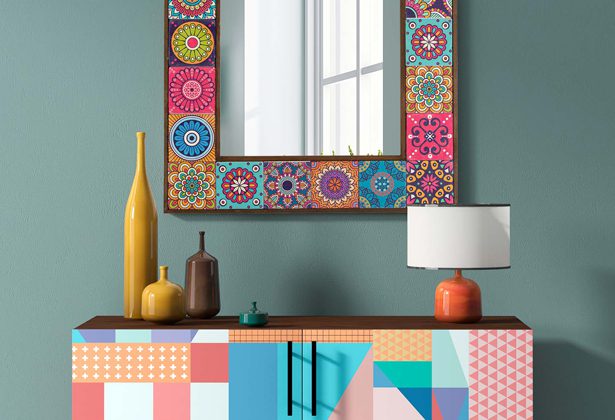 A mirror with colorful designs on it