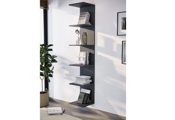 A wall mounted bookshelf with several shelves and a book case.