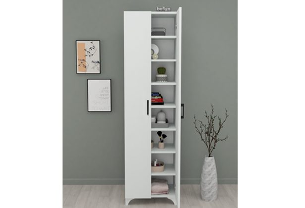 A tall white cabinet with shelves and drawers.