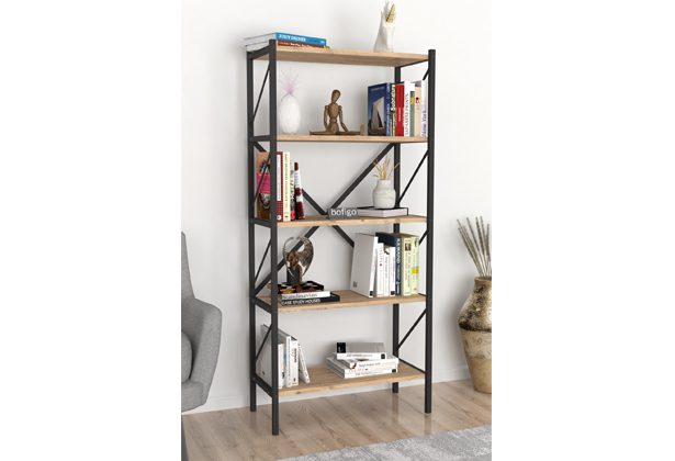 A bookshelf with four shelves and metal frame.