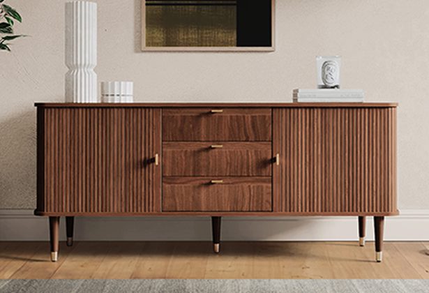 A wooden sideboard with three drawers and two doors.