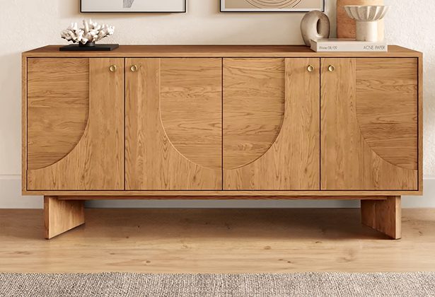A wooden cabinet with four doors and two drawers.