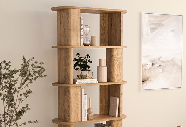 A wooden shelf with books and vases on top of it.