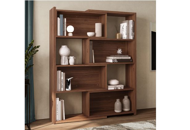 A wooden bookcase with many shelves and different sizes.