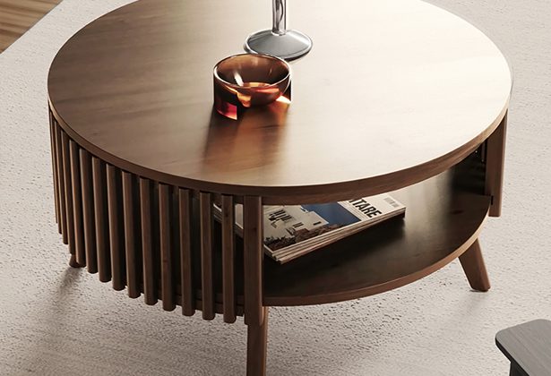 A wooden table with a magazine holder on top of it.