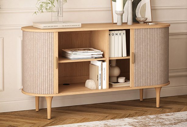 A wooden cabinet with two doors and shelves.